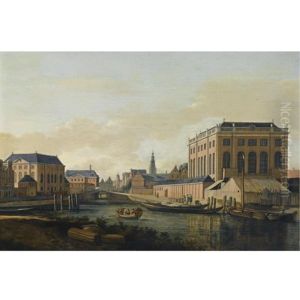 Amsterdam: A View Of The Portuguese And The Grote Synagogue, With Figures In A Boat On The Muidergracht, The Tower Of The Zuiderkerk And The Town Hall In The Distance by Gerrit Adriaensz Berckheyde