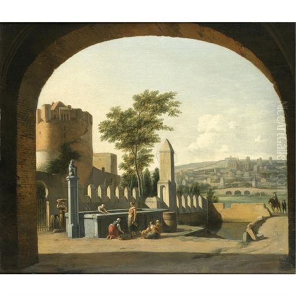 Women Gathered Around A Fountain Outside A Castle With A Gentleman Approaching On Horseback With His Footman - view 1