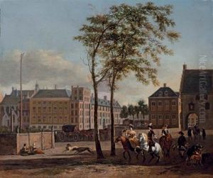 The Plaats With The Buitenhof And The Gevangenpoort, The Hague, With An Elegant Hawking Party by Gerrit Adriaensz Berckheyde
