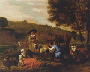 Shepherdesses And Their Herd In A Wooded River Landscape Shepherdesses And Their Herd In A Wooded River Landscape