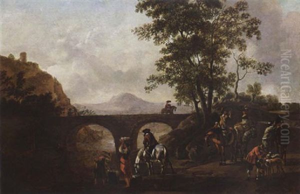 A River Landscape With Huntsmen Resting During The Hunt And Women Washing Clothes In The River - view 1