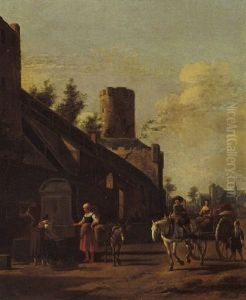 Peasants At A Fountain By The City Wall Of Cologne With A View Of The Church Of St. Pantaleon's In The Distance