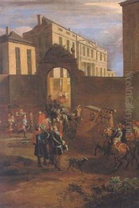A Coach Approaching A Large Town House With Numerous Figures And A Sedan Chair Outside The Gates by Gerrit Adriaensz Berckheyde