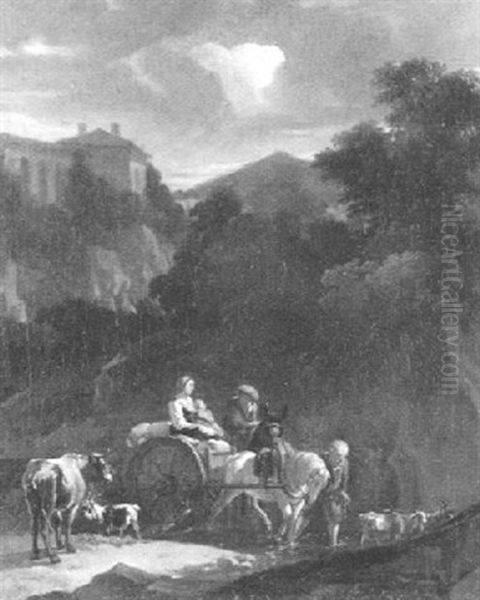 Sudliche Gebirgslandschaft Mit Pferdefuhrwerk Und Vieh - view 1