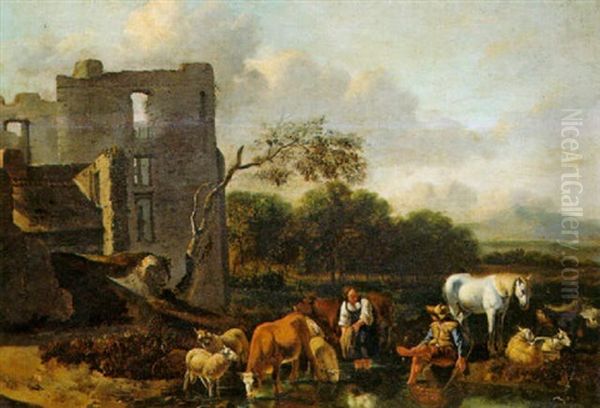 A Shepherd And Shepherdess Watering Cattle And Sheep - view 1