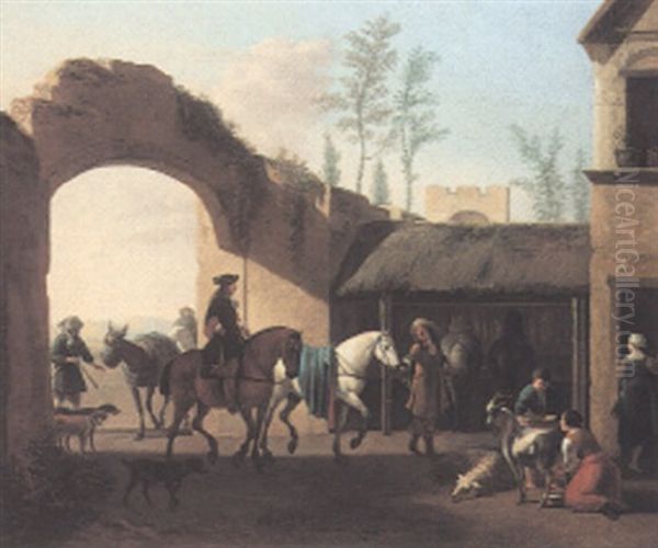 Two Gentlemen About To Stable Their Mounts And A Woman Milking A Goat - view 1