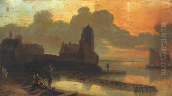 A Dutch Estuary At Sunset With Anglers On A Quay - view 1