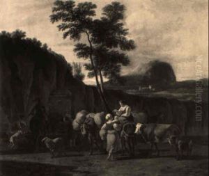 Travellers Halted By A Fountain On A Mountain Pass In Italianate Landscape by Gerrit Adriaensz Berckheyde
