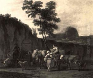 Travellers Halted By A Fountain On A Mountain Pass In A Landscape by Gerrit Adriaensz Berckheyde