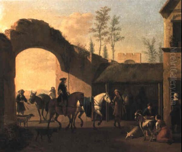 Two Gentlemen About To Stable Their Mounts In An Italianate Courtyard - view 1