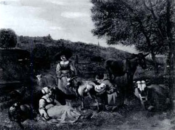 Milkmaids With Their Animals In A River Landscape - view 1