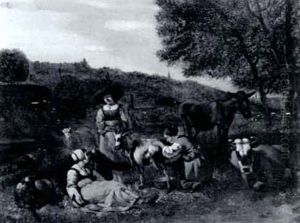 Milkmaids With Their Animals In A River Landscape by Gerrit Adriaensz Berckheyde
