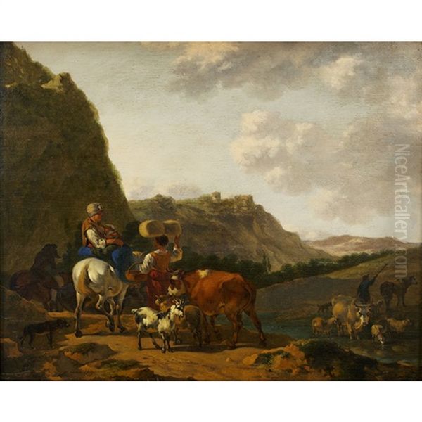 Italianate Pastoral With Shepherd Family Herding Farm Animals - view 1