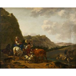 Italianate Pastoral With Shepherd Family Herding Farm Animals by Job Adriaensz Berckheyde