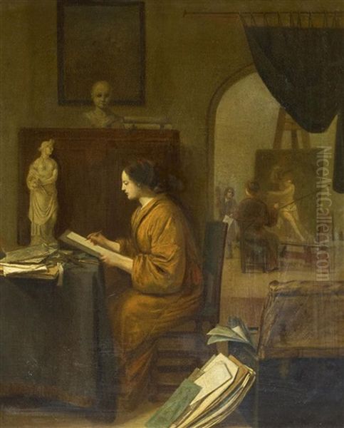 Im Maleratelier. Kunstlerin Beim Zeichnungsstudium - view 1