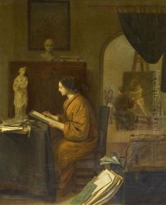 Im Maleratelier. Kunstlerin Beim Zeichnungsstudium