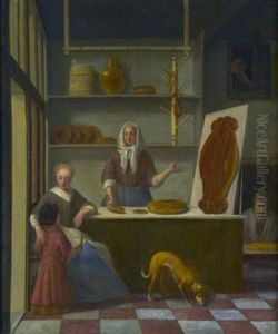 Une Mere Et Son Enfant Dans Une Boulangerie Ou Est Expose Un Gateau Taai-taai, Specialite De La Saint-nicolas