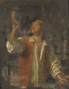 An Interior With A Peasant Blowing A Horn An Interior With A Peasant Blowing A Horn