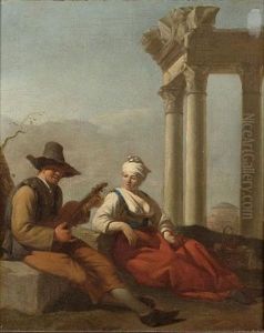 A Peasant Serenading A Girl Before Classical Ruins by Job Adriaensz Berckheyde