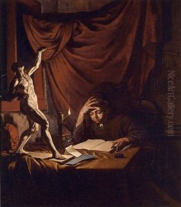 A Young Scholar Reading By Lamplight In A Study With An Ecorche Model And A Plaster Head Of A Putto On A Table