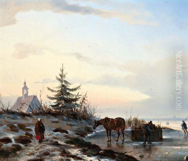 Winterlandschap Met Figuren En Paard Voor Slede Op Het Ijs - view 1