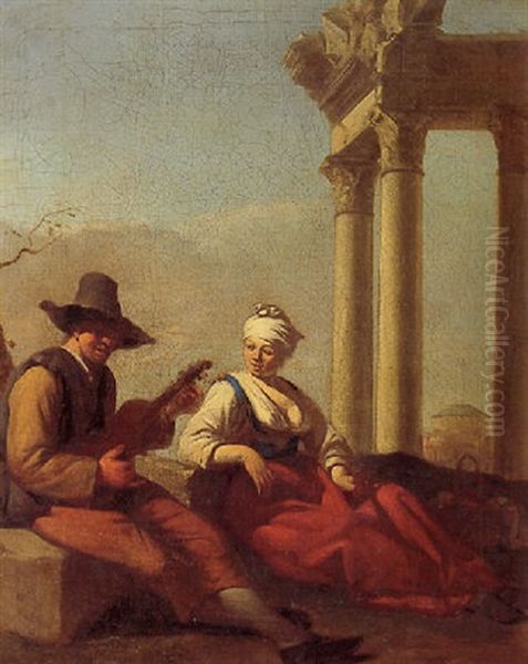 A Couple Making Music, Seated In A Landscape With Ruins - view 1