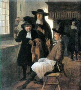 An Interior With Three Men Drinking And Another By A Fireplace Beyond by Job Adriaensz Berckheyde