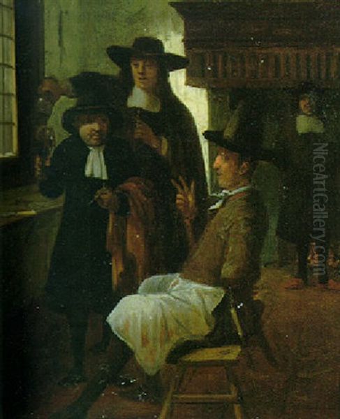 Interior With Three Men Drinking And Another By A Fireplace - view 1