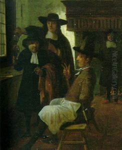 Interior With Three Men Drinking And Another By A Fireplace by Job Adriaensz Berckheyde