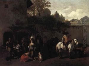 Hunting Party Halted At A Roadside Inn by Job Adriaensz Berckheyde