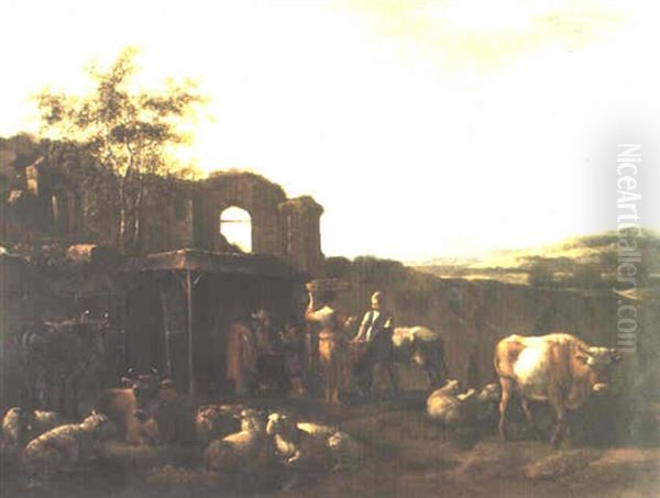 Shepherds With Cattle By Ruins In An Arcadian Landscape - view 1