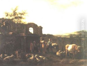 Shepherds With Cattle By Ruins In An Arcadian Landscape Shepherds With Cattle By Ruins In An Arcadian Landscape