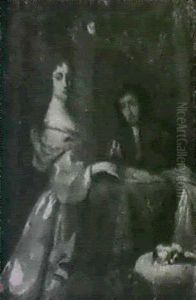 An Elegant Couple At A Table Draped With A Turkish Rug, In Front Of Which A Dog Sleeps On A Stool An Elegant Couple At A Table Draped With A Turkish Rug, In Front Of Which A Dog Sleeps On A Stool