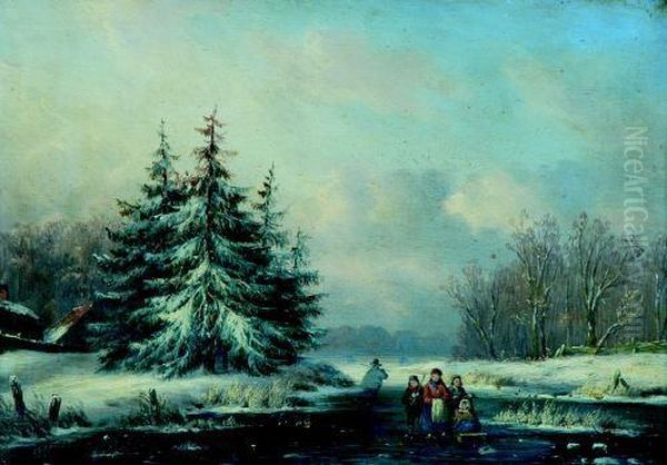 Boomrijk Sneeuwlandschap Metschaatsenrijders - view 1