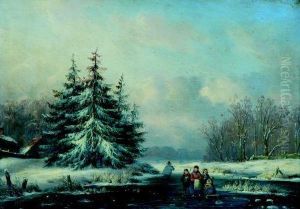 Boomrijk Sneeuwlandschap Metschaatsenrijders by Carl Eduard Ahrendts