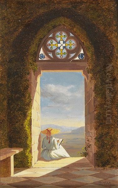 A View Of Ortenberg Castle With Olga Von Moltke Drawing A Landscape - view 1