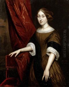 Portrait Of A Lady, Three-quarter-length, In A Brown Dress With A Black Shawl, Standing Before A Red Curtain