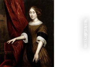 Portrait Of A Lady, Three-quarter-length, In A Brown Dress With A Black Shawl, Standing Before A Red Curtain