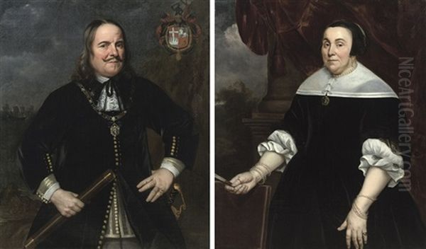 Portrait Of Michiel De Ruyter, Three-quarter-length, In A Black Costume With A Lace Jabot, Holding A Baton In His Right Hand, A Seascape Beyond (+ Portrait Of Anna Van Gelder; Pair) - view 1