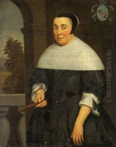 Bildnis Einer Dame Mit Einem Facher An Die Balustrade Eines Schlossparks Gelehnt