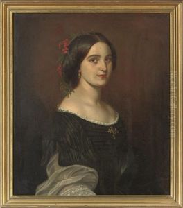 Portrait Of A Lady In A Black Dress With Lace Trim, Red Flowers In Her Hair
