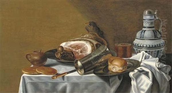 A Ham And A Bread Roll On Pewter Plates, A Silver-gilt Beaker, A Beer Glass, A Stoneware Jug, A Knife, Bread And A Stoneware Mustard Jar, On A Draped Table - view 1