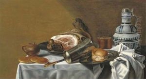 A Ham And A Bread Roll On Pewter Plates, A Silver-gilt Beaker, A Beer Glass, A Stoneware Jug, A Knife, Bread And A Stoneware Mustard Jar, On A Draped Table by Pieter Van Berendrecht