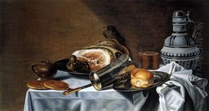 Stilleben Mit Einem Grossen Schinken, Silberbecher, Zinnteller, Brotchen, Westerwalder Krug Sowie Senftopfchen Und Messer