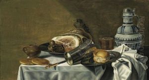 Stilleben Mit Einem Schinken, Einem Brotchen Auf Einem Zinnteller, Einem Silbernen Becher, Einem Bierglas Und Einem Tonkrug