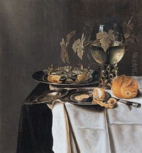 Een Stilleven Met Krab En Een Half Geschilde Citroen Op Tinnen Borden, Een Broodje En Een Roemer, Uitgestald Op Een Tafel by Pieter Van Berendrecht