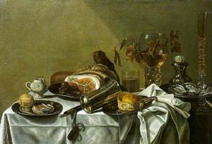 A Pronk Still Life With A Lemon And A Slice Of Ham, A Leg Of Ham, A Bun And A Knife And Oysters On The Pewter Plates With Other Objects On A Draped Table by Pieter Van Berendrecht