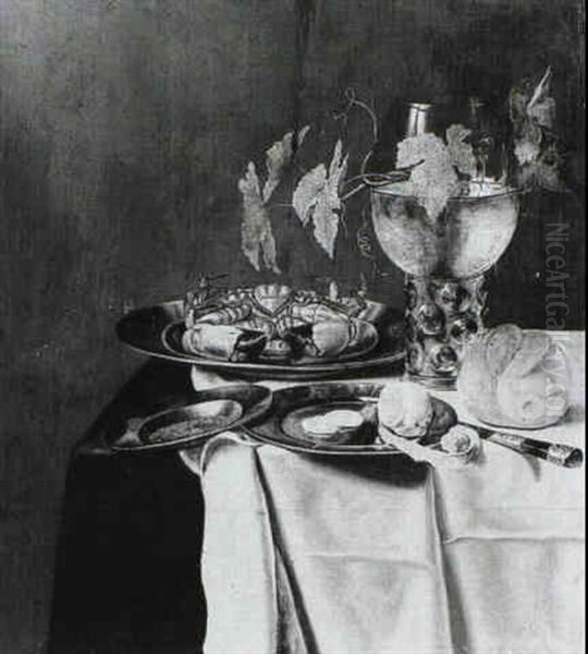 A Still-life Of A Crab And A Half-peeled Lemon On Some      Pewter Plates, A Bun And A Roemer, All Arranged On A Draped - view 1