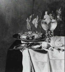 A Still-life Of A Crab And A Half-peeled Lemon On Some      Pewter Plates, A Bun And A Roemer, All Arranged On A Draped