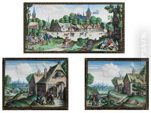 Satz Von Drei Dorflandschaften Mit Zahlreicher Figurenstaffage Satz Von Drei Dorflandschaften Mit Zahlreicher Figurenstaffage